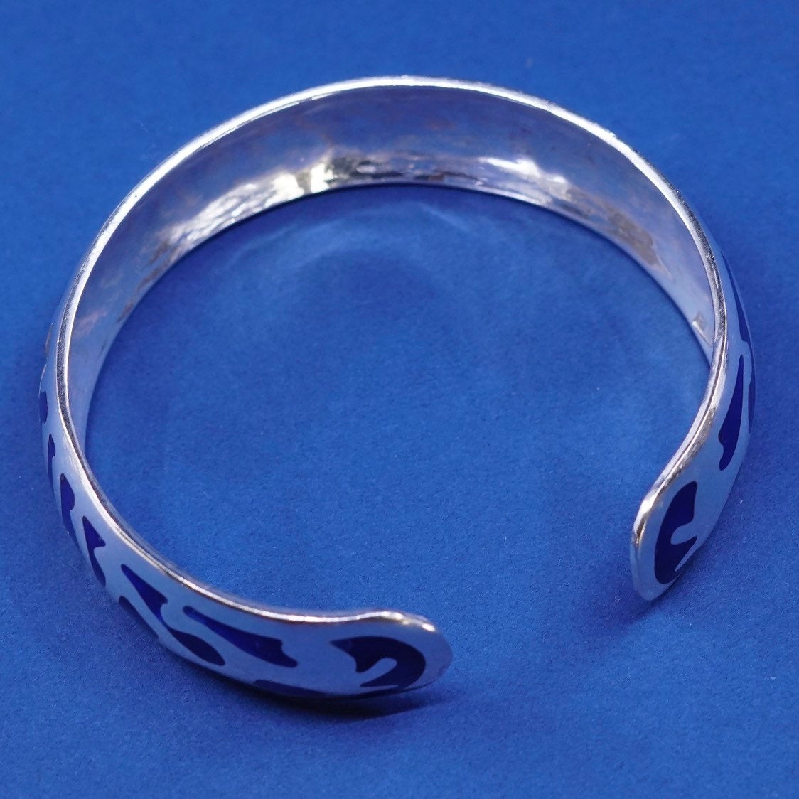 7", vtg Sterling silver handmade bracelet, 925 cuff w/ blue enamel