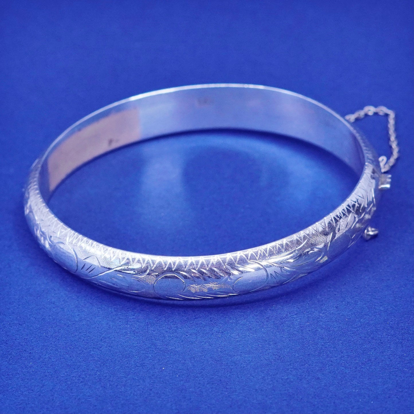 6.5”, sterling silver wide bracelet, 925 hinged flower floral textured bangle