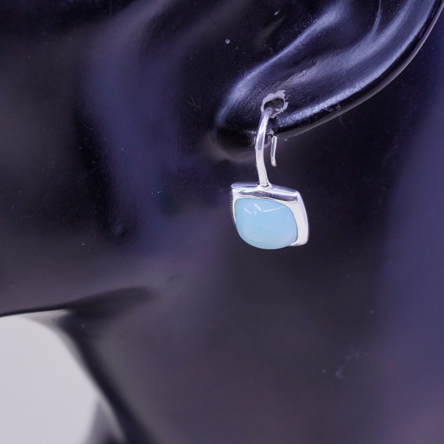 Vintage sterling silver handmade earrings, 925 with square jade, Stamped 925