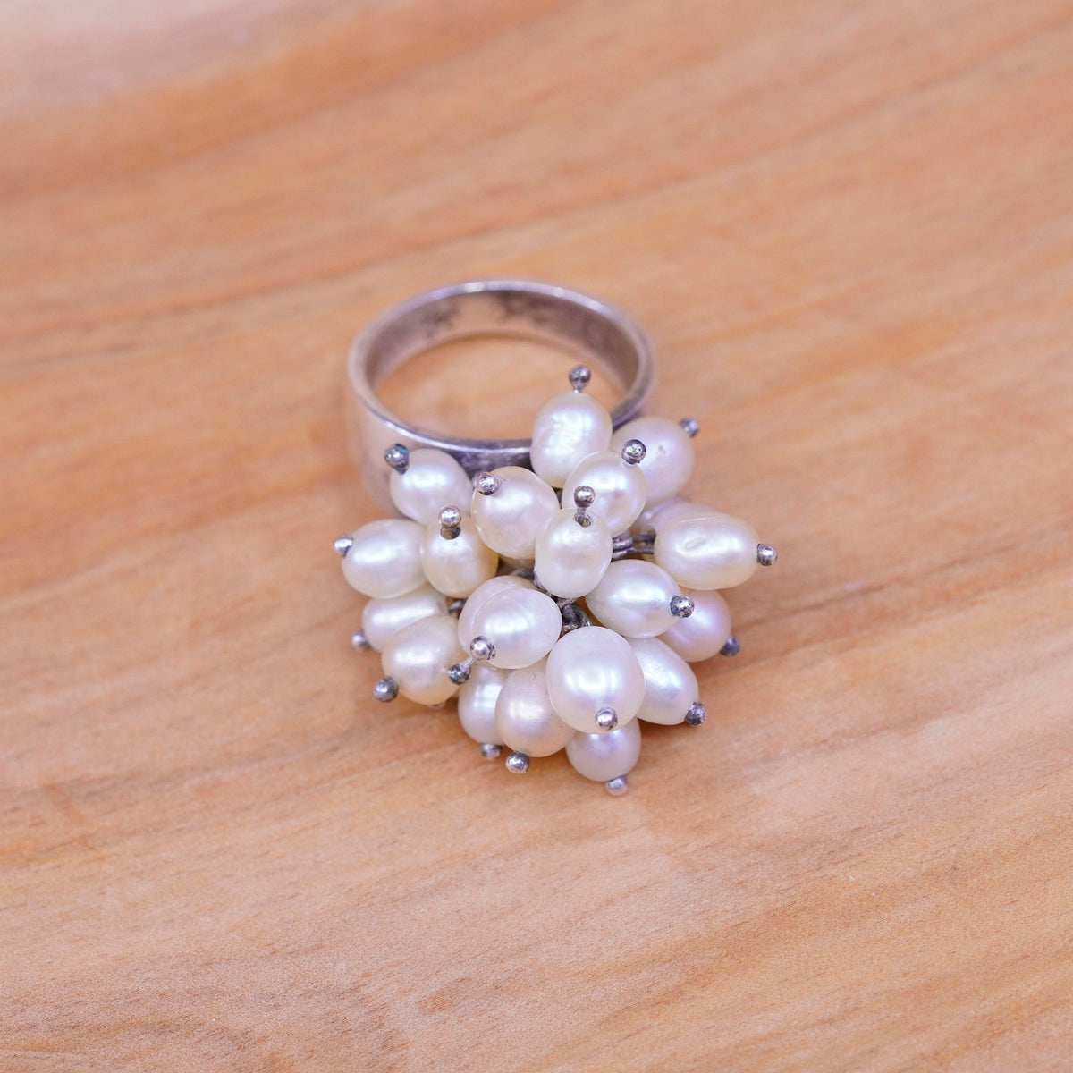 Size 7.25, vintage Sterling 925 silver handmade ring with cluster pearl