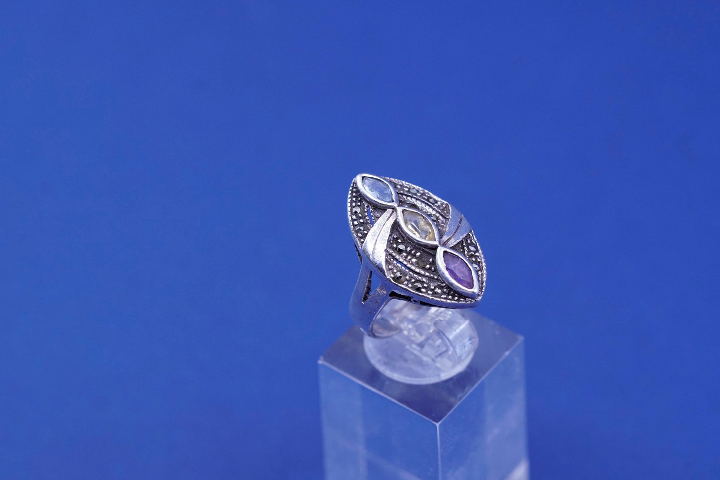 Size 7, THL Sterling 925 silver ring with amethyst topaz citrine marcasite