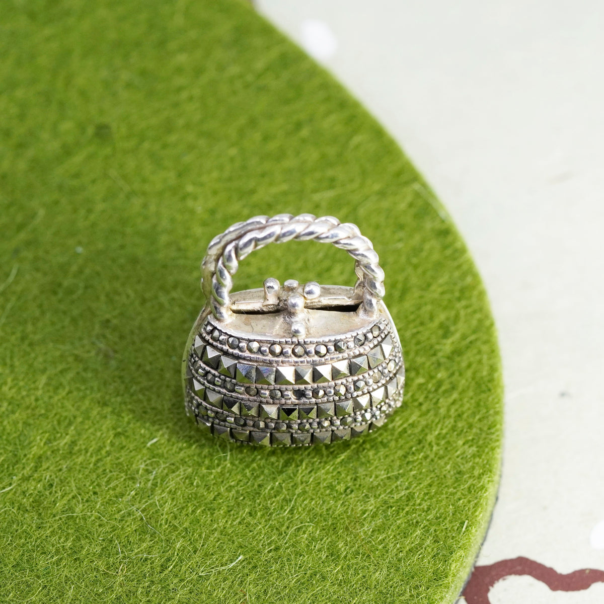 Vintage handmade sterling 925 silver handbag locket filigree charm pendant