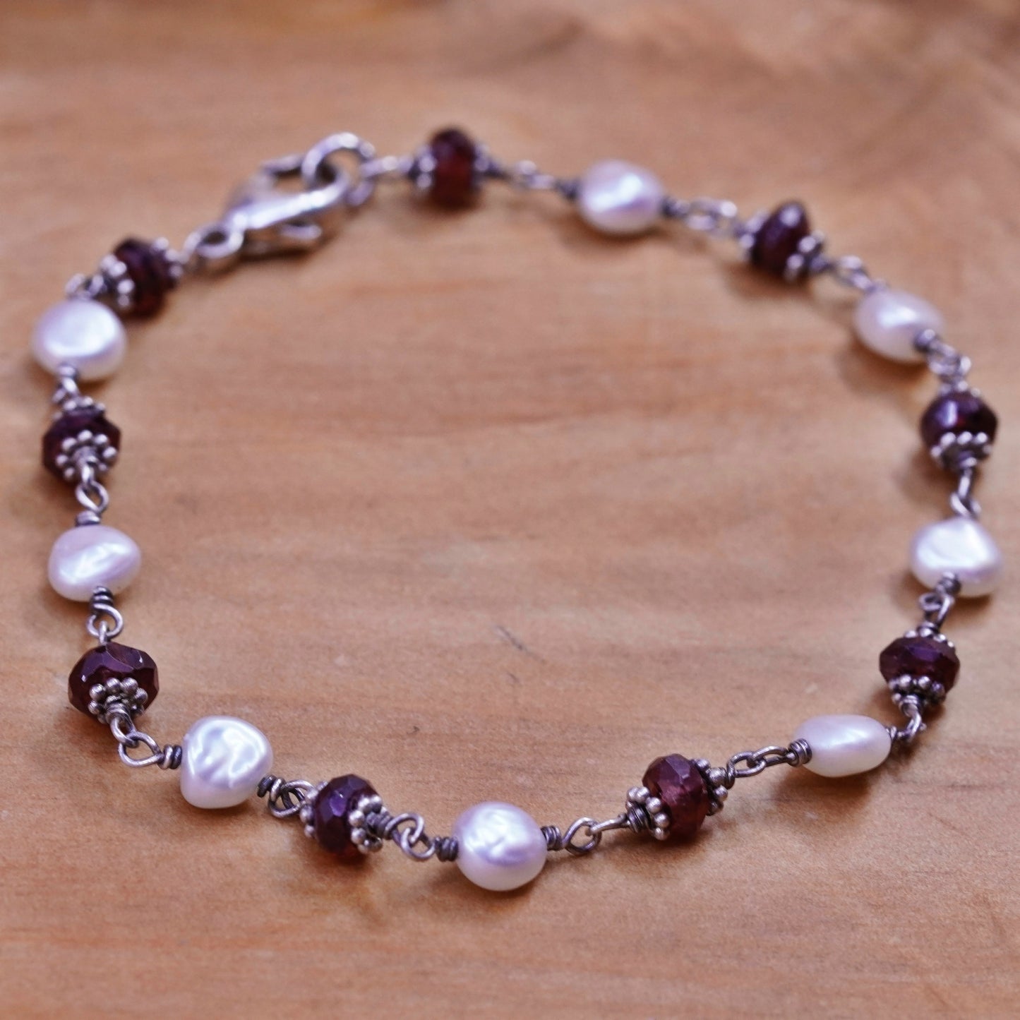 6.75”, vintage Sterling 925 silver beads bracelet with garnet and pearl