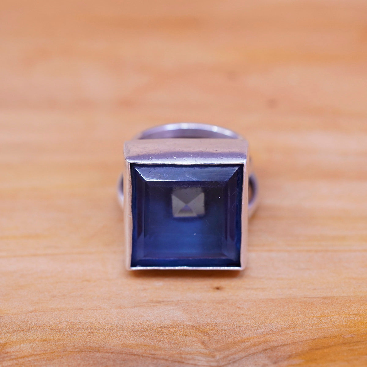 sz 5.5, vintage handmade statement ring, Sterling Silver square blue glass Ring