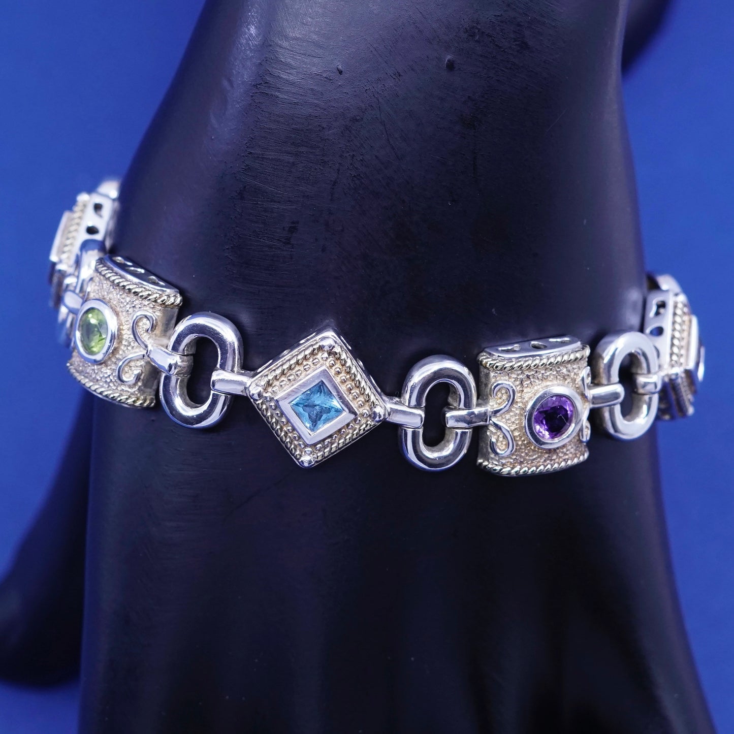 7”, Sterling 925 silver tennis bracelet w/ amethyst, peridot ruby citrine topaz