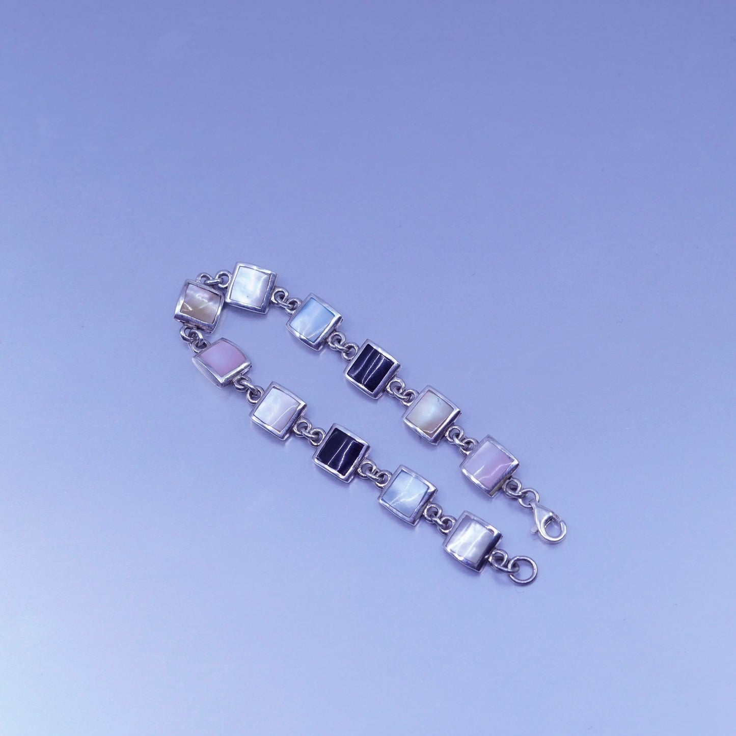 7”, Sterling 925 silver tennis bracelet chain with mother of pearl and obsidian