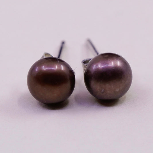 Vintage sterling silver earrings, 925 studs with brown pearl