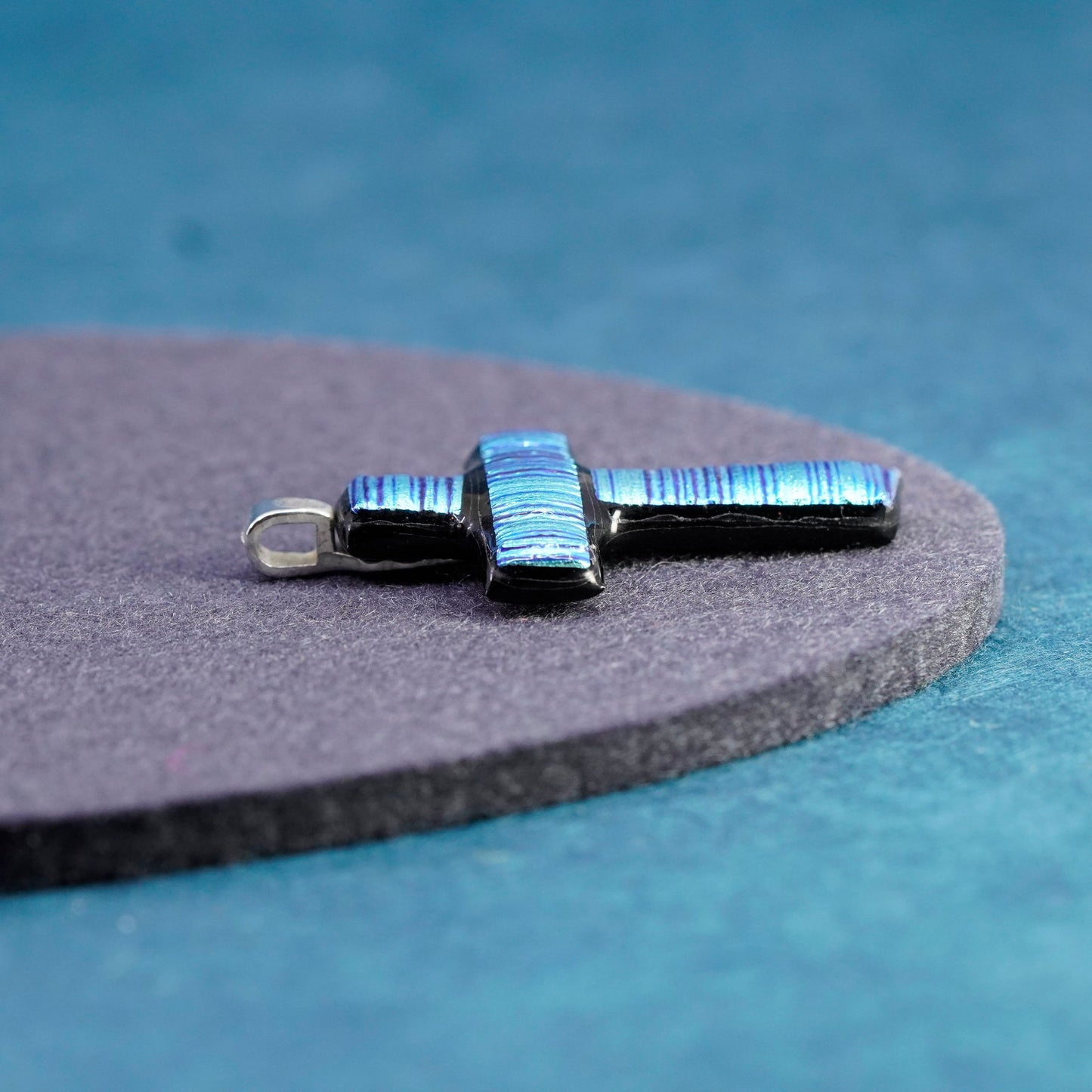 Vintage sterling 925 silver handmade pendant with blue dichroic glass cross