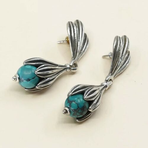 Vtg handmade Sterling 925 Silver Turquoise Earrings w/ turquoise N Petal Details