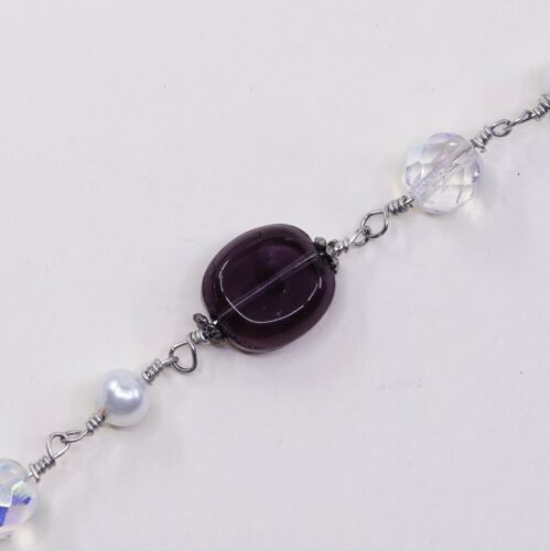 7.25”, Vtg Sterling Silver Handmade bracelet 925 Clasp W/ Pearl N Crystal
