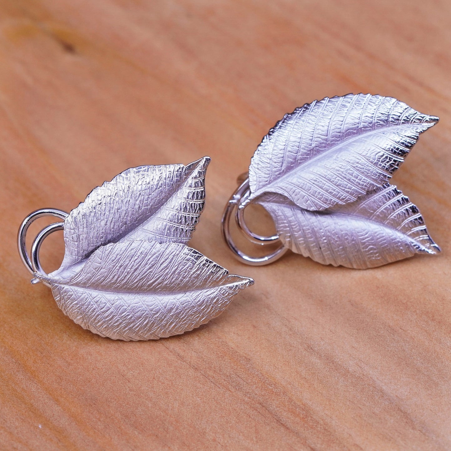 Vintage SSH Sterling silver handmade screw back earrings, 925 leaves