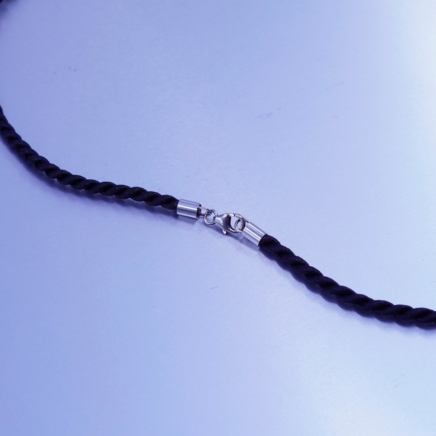 15”, vintage 925 Sterling Silver Handmade black silk rope Necklace