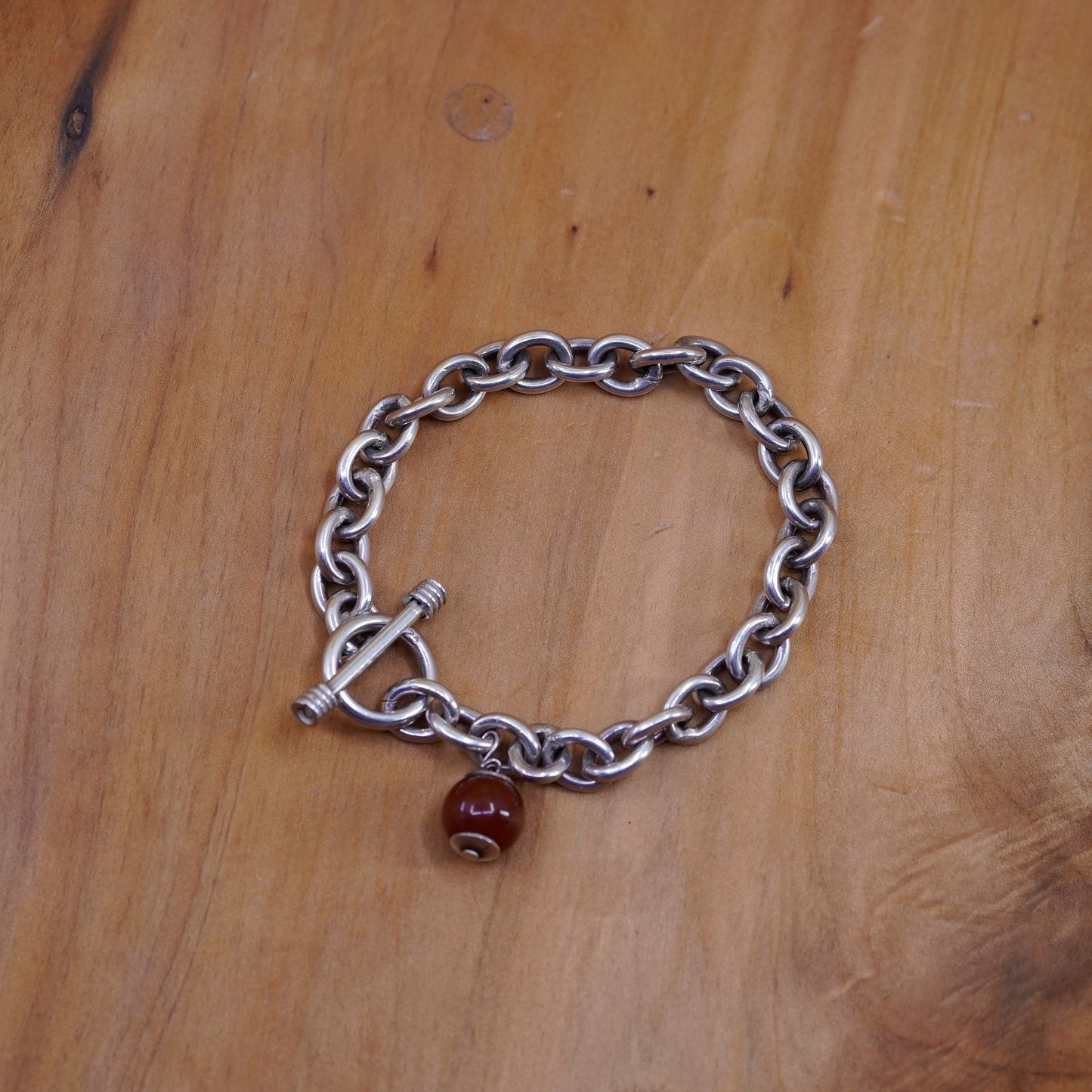 6.75”, Sterling silver handmade bracelet, 925 bold circle chain carnelian charm