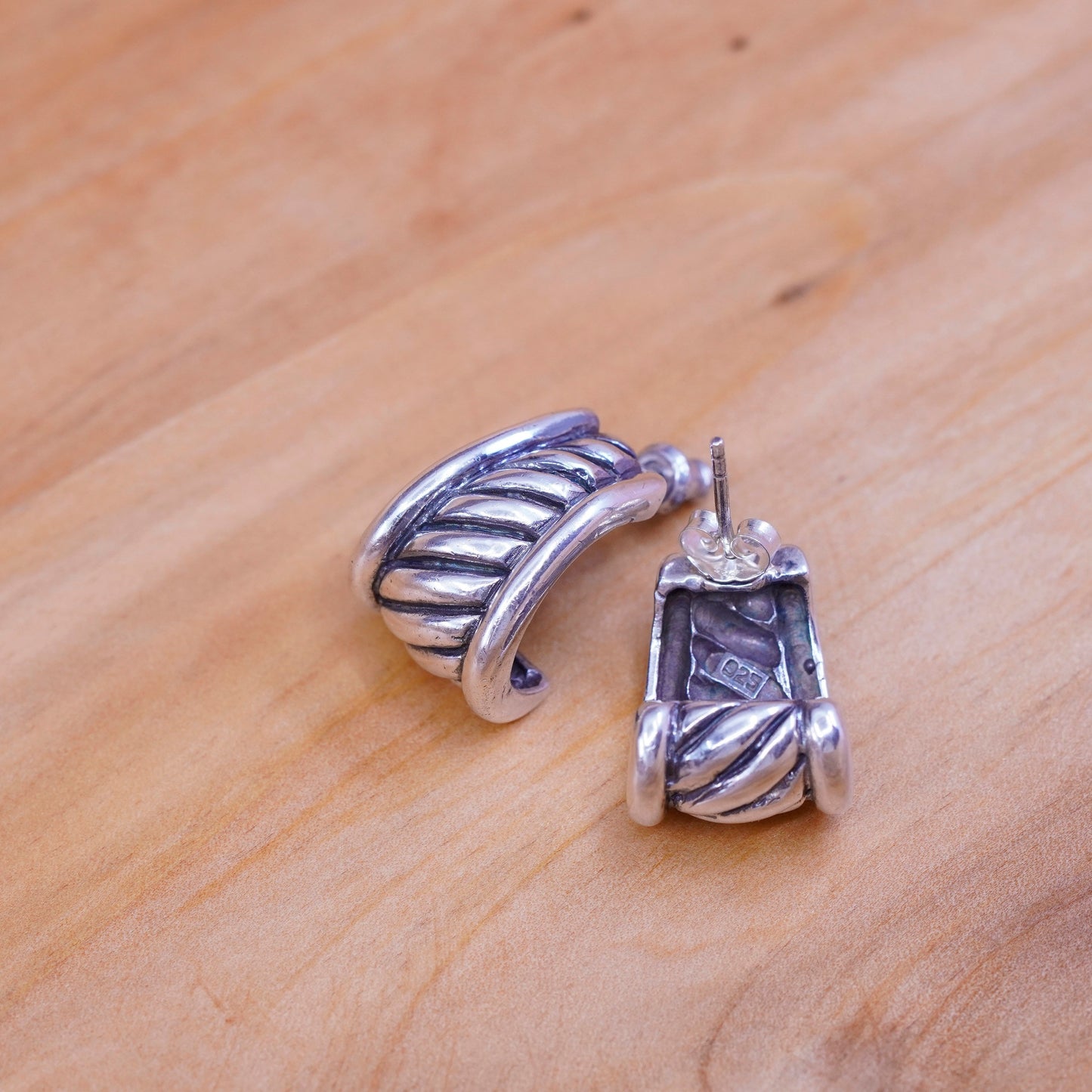1”, vintage Mexico Sterling silver handmade earrings, 925 ribbed hoops, huggie
