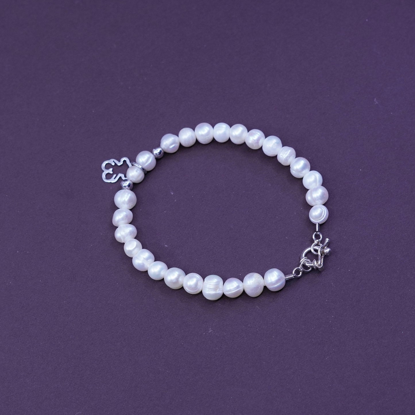6.75”, Sterling silver bracelet, freshwater pearl beads chain w/ 925 bear charm