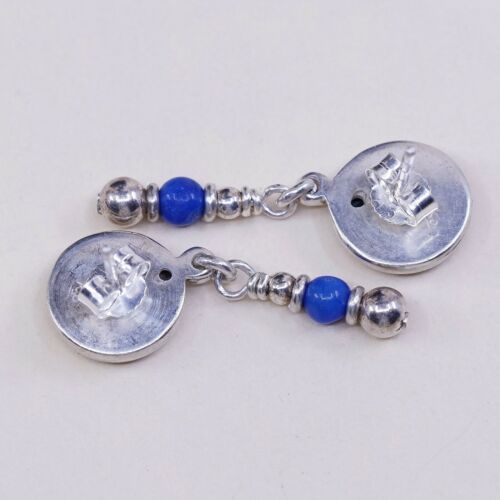 Vtg 925 Sterling Silver Handmade Earrings with Ancient Eye Embossed N Sodalite