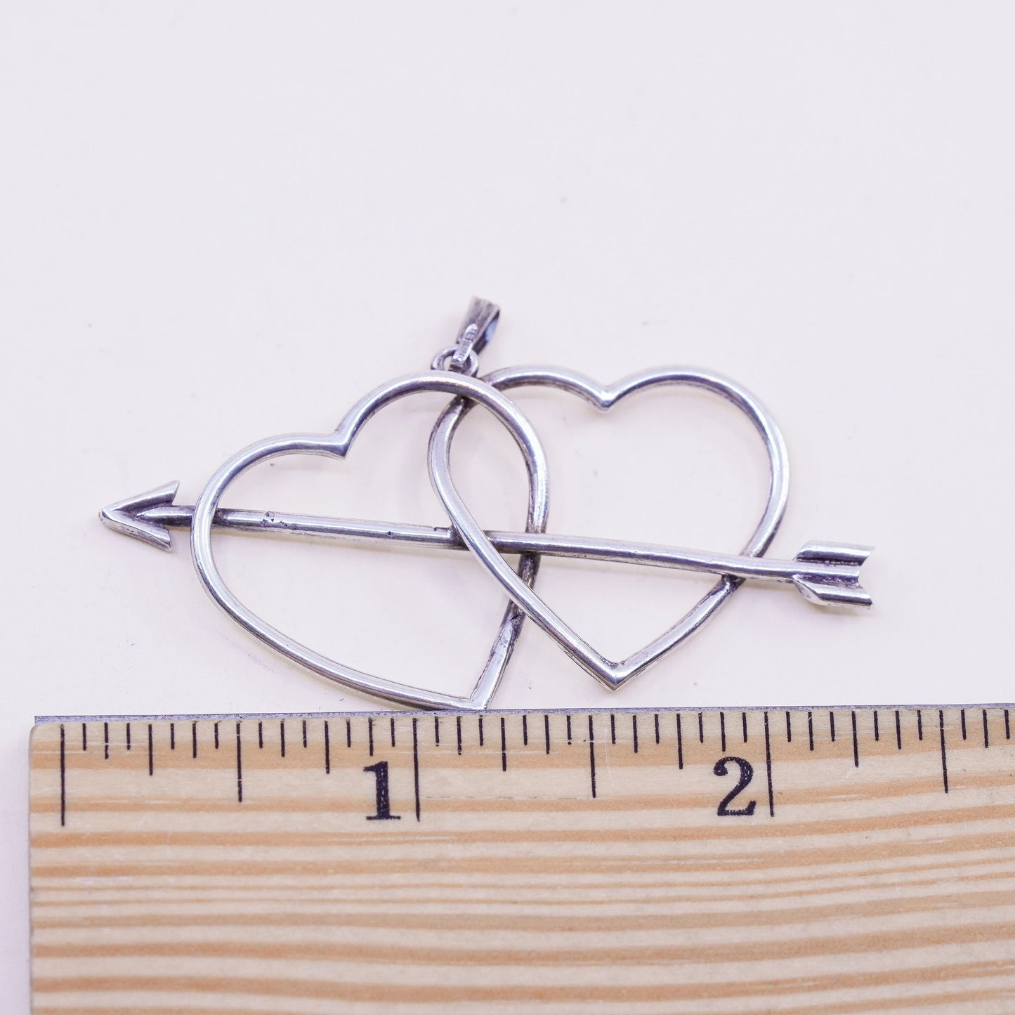 Vintage sterling silver handmade pendant, 925 double heart with arrow