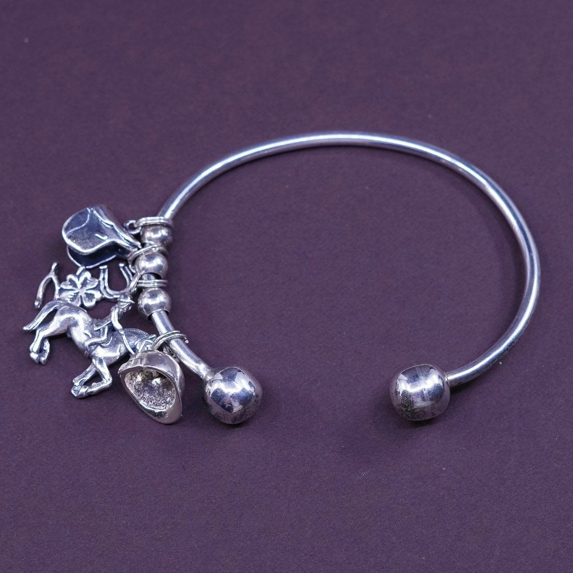 7", sterling silver handmade bracelet, 925 4 charms lover horse riding racing