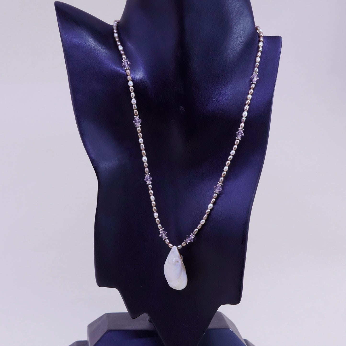 16+2” Sterling 925 silver necklace pearl beads teardrop mother of pearl pendant