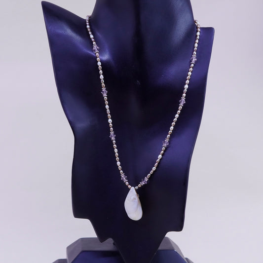 16+2” Sterling 925 silver necklace pearl beads teardrop mother of pearl pendant