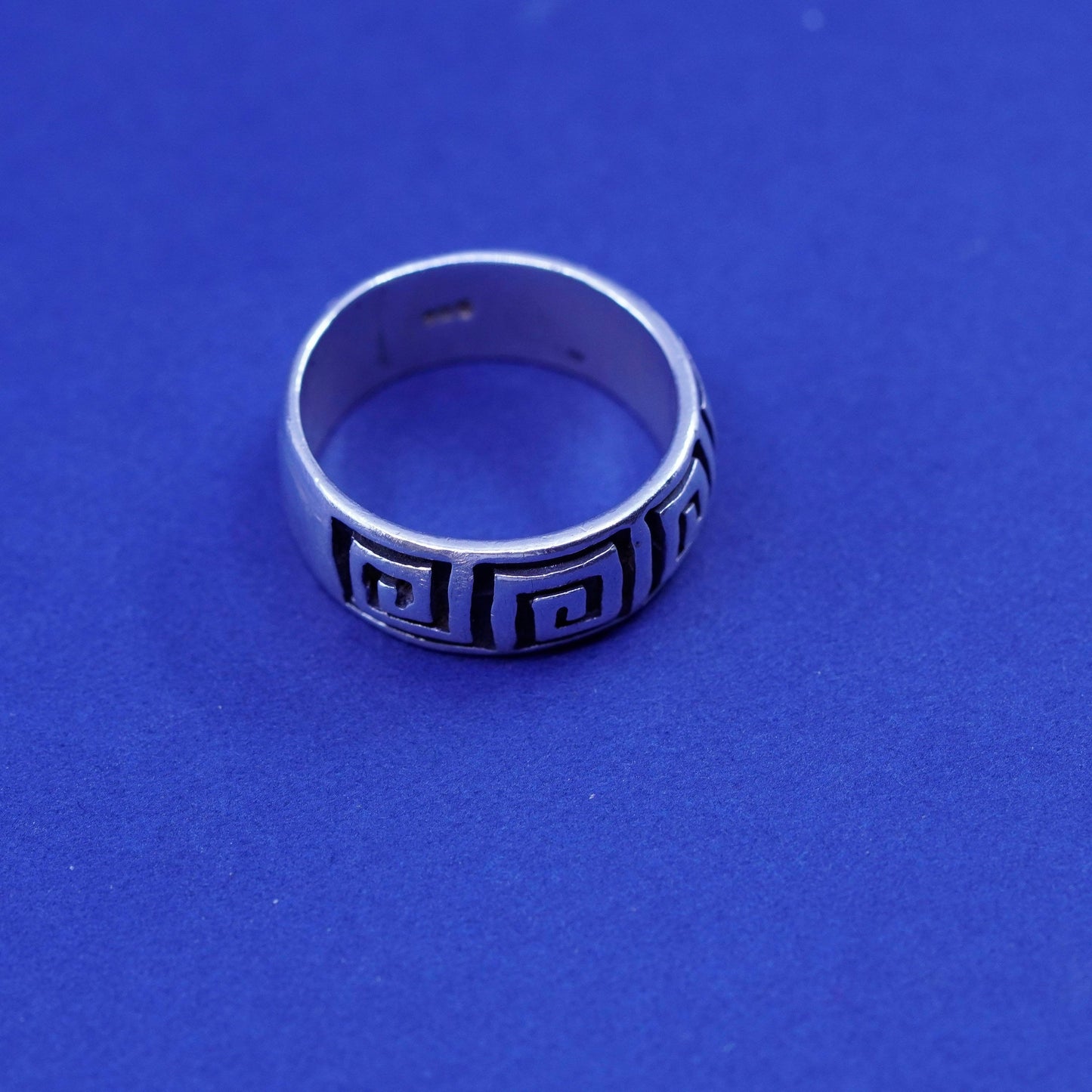 Size 10.5, vtg sterling silver handmade ring, 925 wide band embossed Greek key