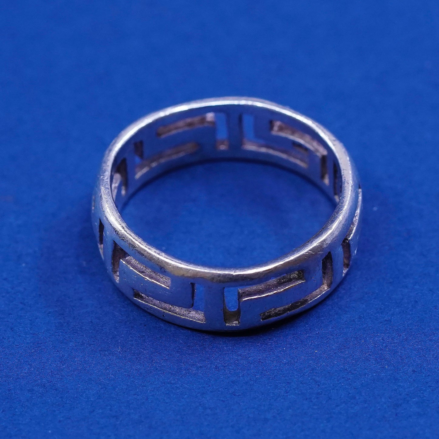 sz 6.5, vtg Sterling silver handmade ring, 925 band w/ Greek key pattern