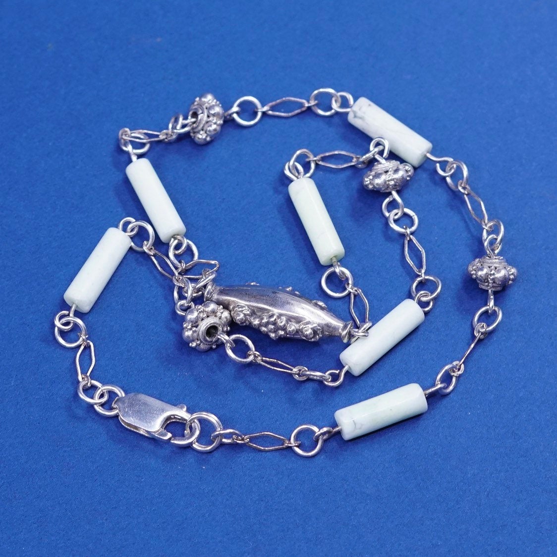 16", vtg Sterling silver handmade necklace, 925 w/ Jade tube