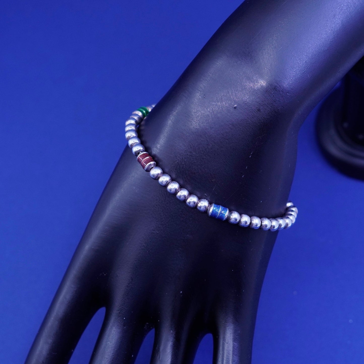 6.75”, vintage sterling 925 silver handmade beads bracelet with enamel