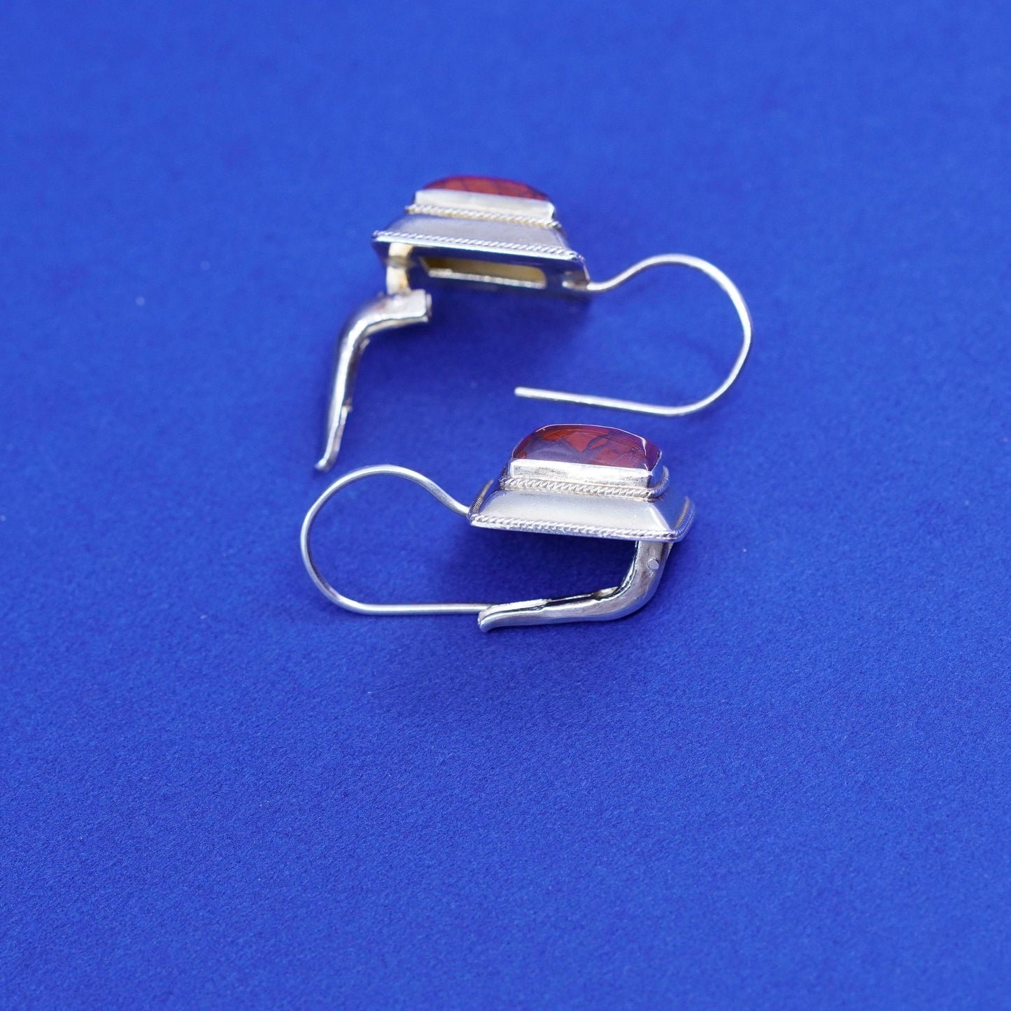Vintage vermeil gold Sterling 925 silver handmade square earrings bloodstone