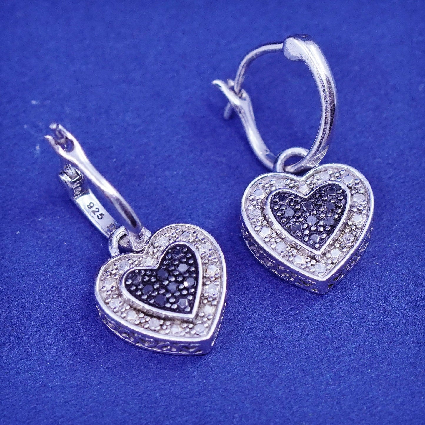 Vintage DLC two tone Sterling silver earrings, 925 hooks with diamond heart