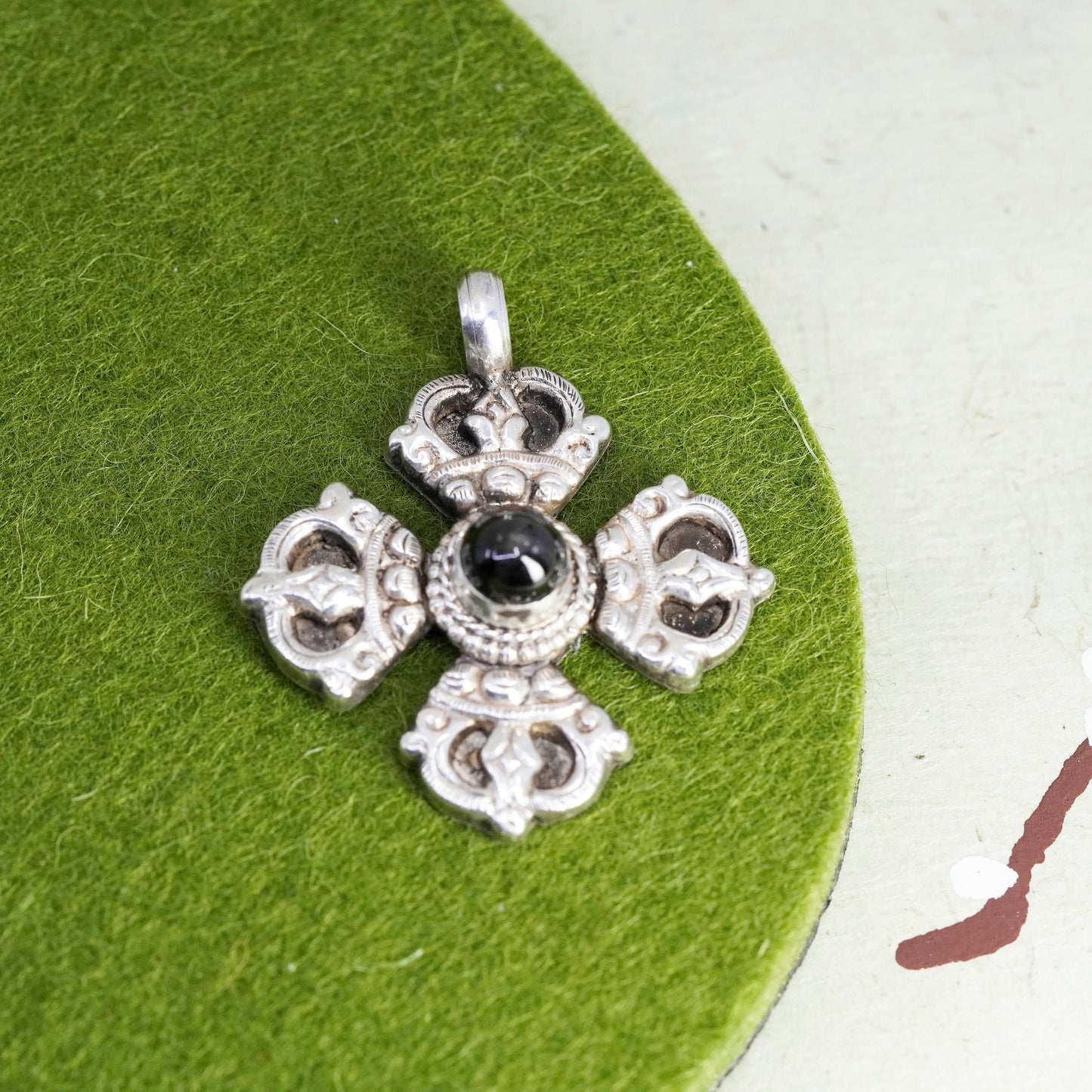 Vintage Nepal Sterling silver handmade charm, 925 Jerusalem cross pendant onyx