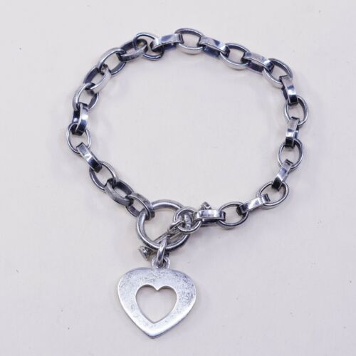 6.25” Vintage Sterling Silver Handmade Bracelet, 925 Silver chain w/ heart charm