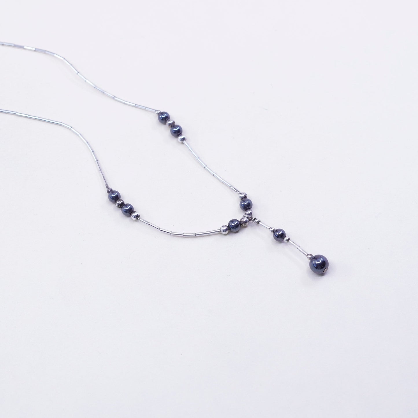16”, vintage Sterling handmade necklace, 925 liquid silver with hematite beads