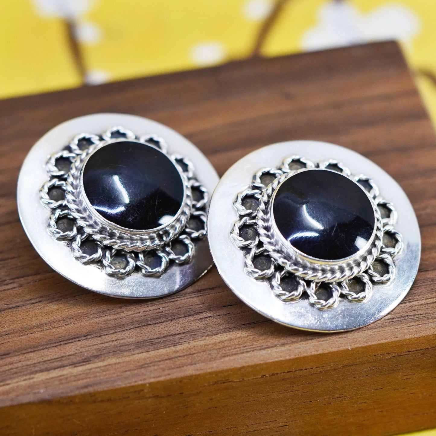 Mexico Sterling silver earrings, huge 925 studs with round obsidian and cable