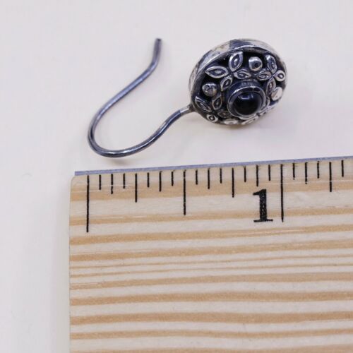 Vtg ATI Sterling Silver Handmade Earrings, 925 Circle W/ Obsidian N Bali