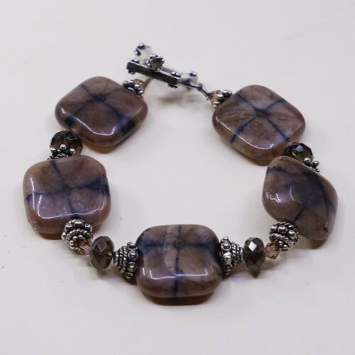 6.75”, Vintage Sterling Silver Handmade Bracelet, 925 Silver Toggle W/ Jasper