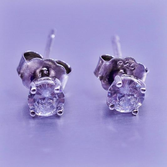 3mm, Vintage Sterling 925 silver earrings, studs with cz inlay