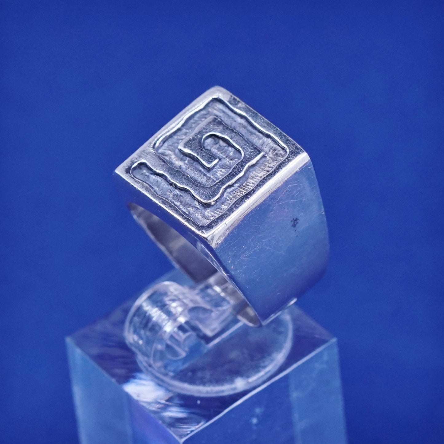 Size 7, vtg Sterling silver handmade ring, hopi 925 statement band w/ Greek key