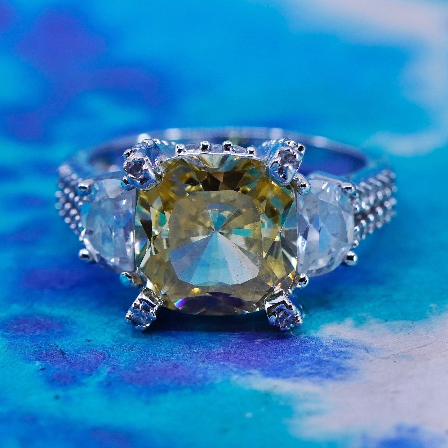 Size 8, vintage Platinum over Sterling 925 silver ring with citrine cluster cz