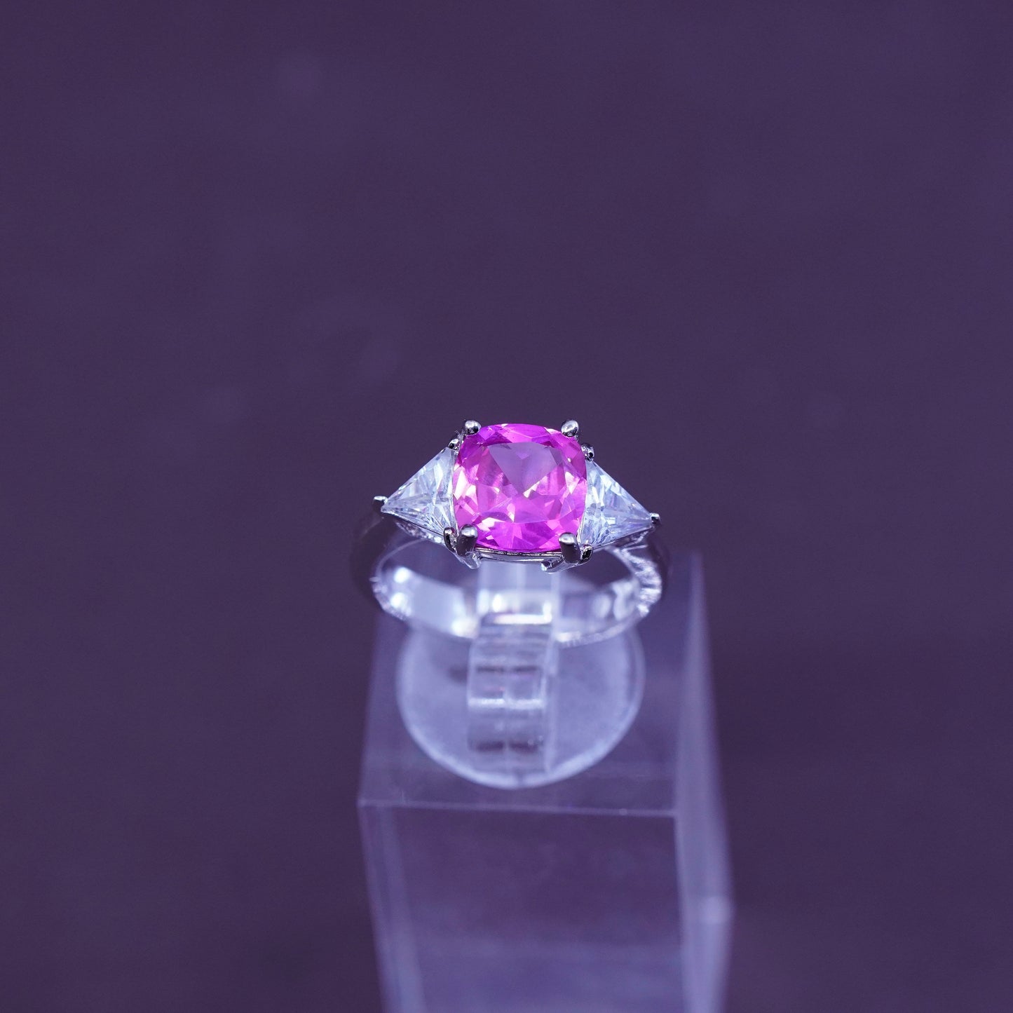 Size 5.25, vintage Sterling 925 silver ring with pink crystal and clear cz