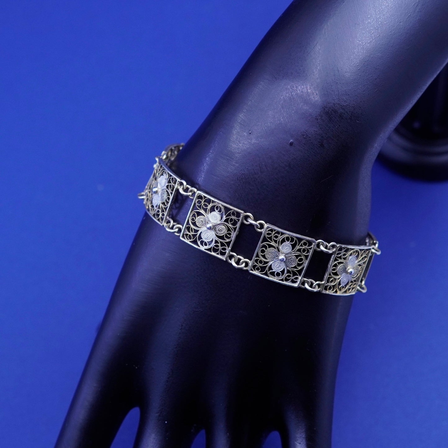 6.75”, vintage sterling silver handmade bracelet, 800 filigree flower bracelet