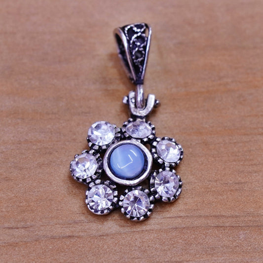 Vintage Sterling silver handmade pendant, Mexico 925 flower blue cat eye and cz
