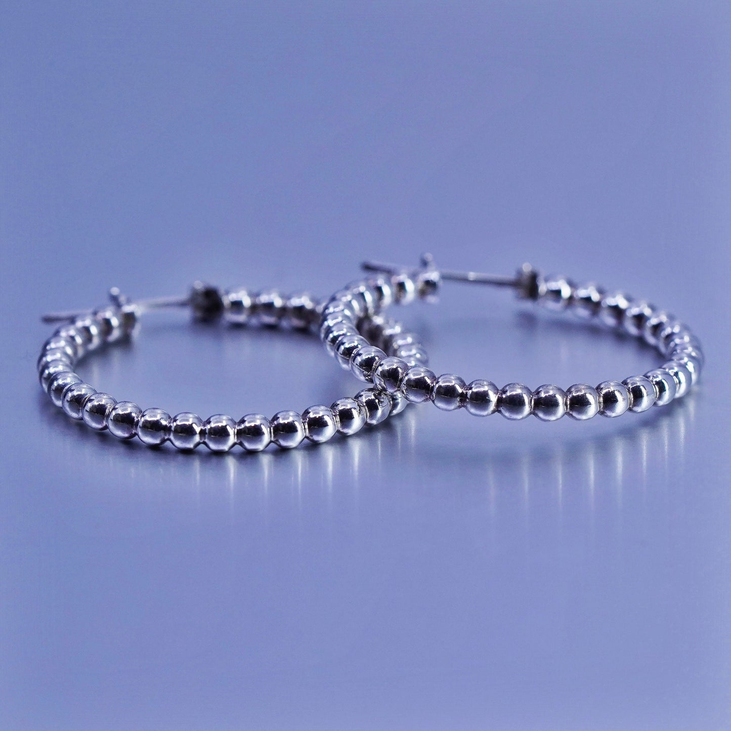 1.25”, vintage Sterling silver handmade earrings, 925 bead hoops