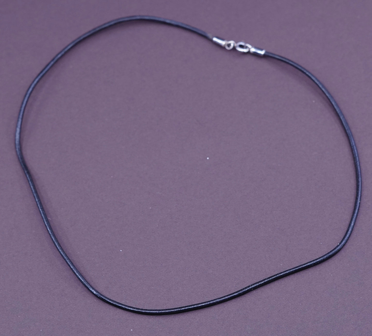 16”, vtg handmade necklace black leather thread choker w/ sterling silver clasp