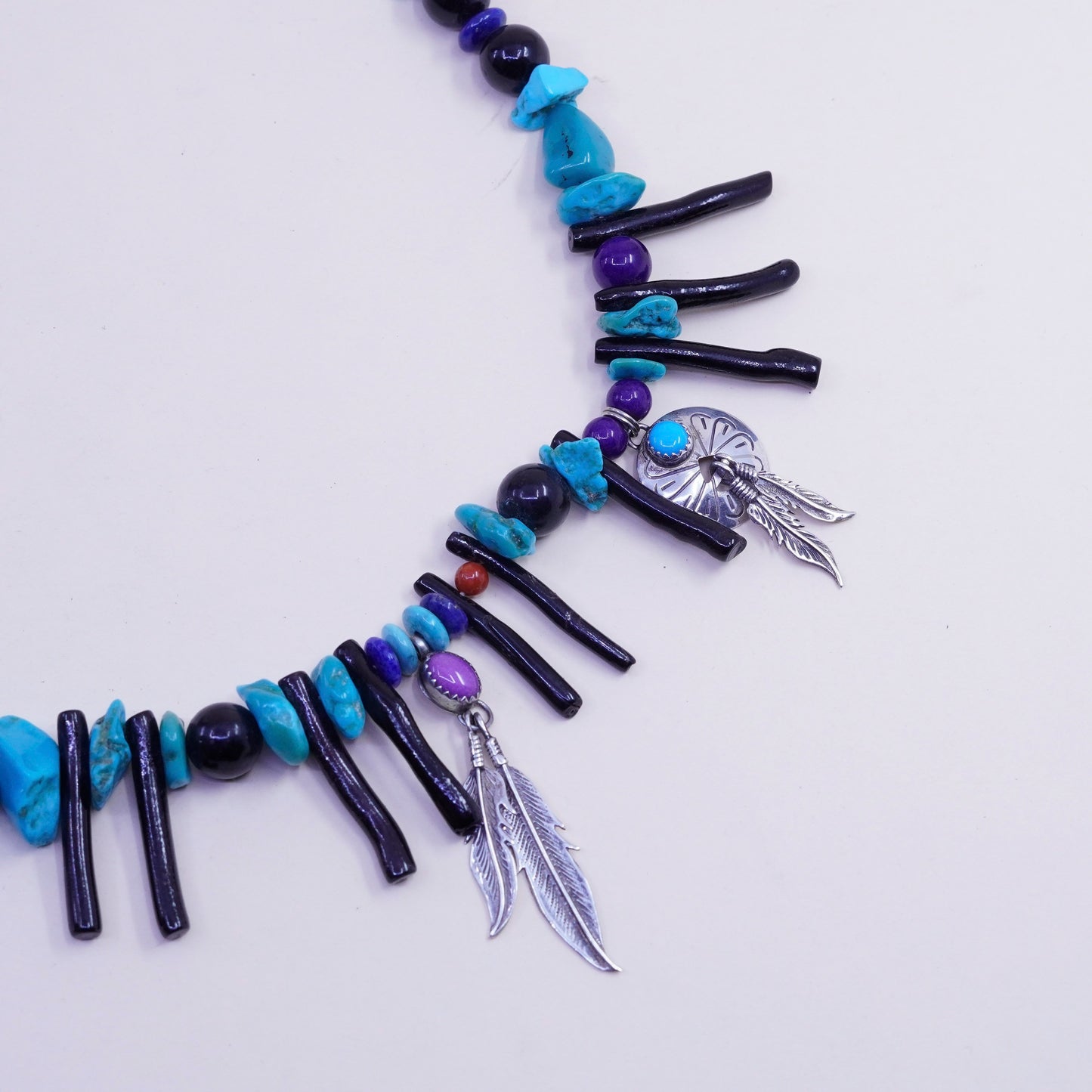 30”, Native American Richard Begay Sterling silver turquoise necklace Navajo