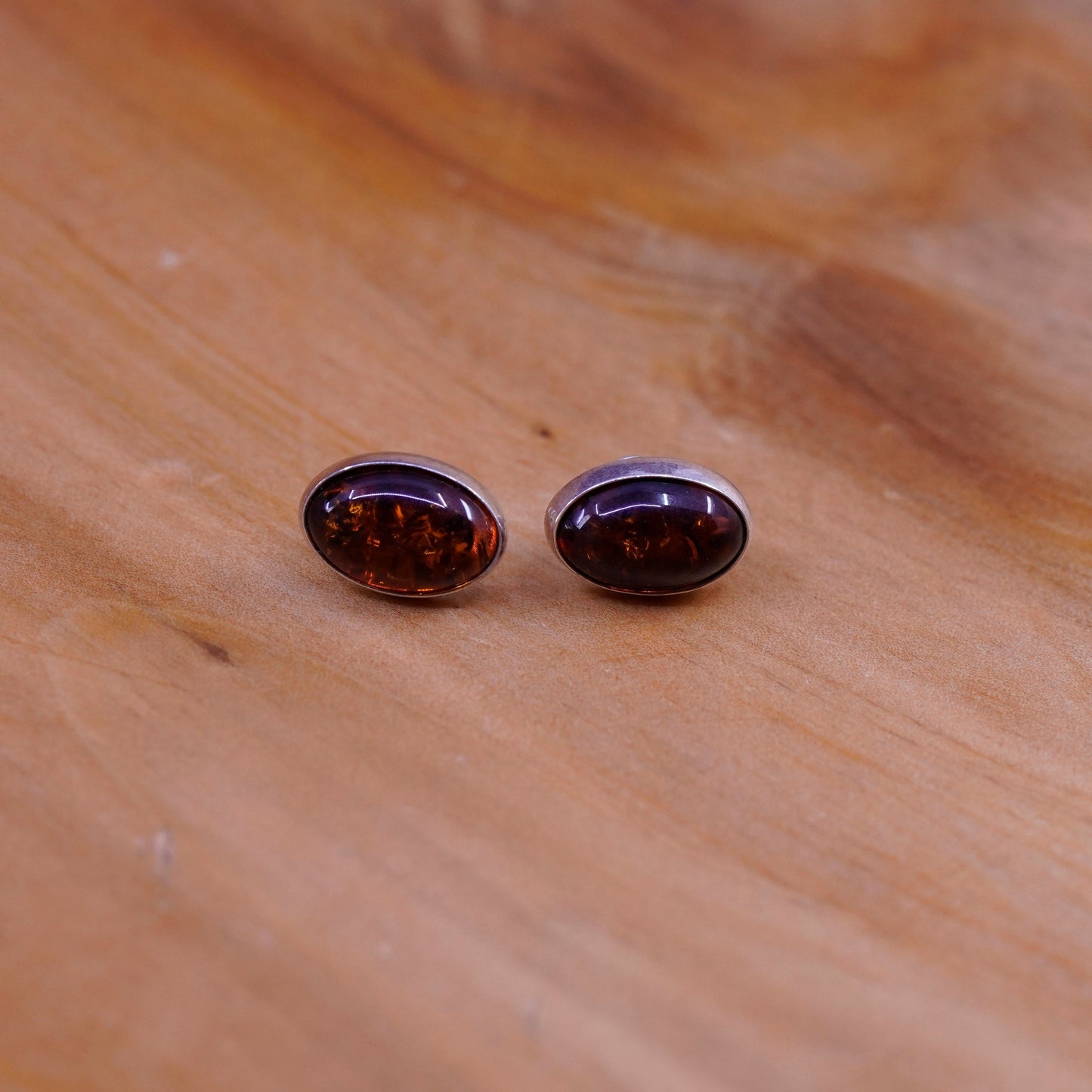 Vintage Sterling 925 silver handmade studs earrings with amber inlay
