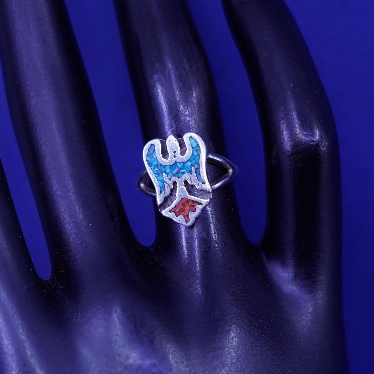Size 4.25, Native American sterling silver ring, 925 bird turquoise and coral