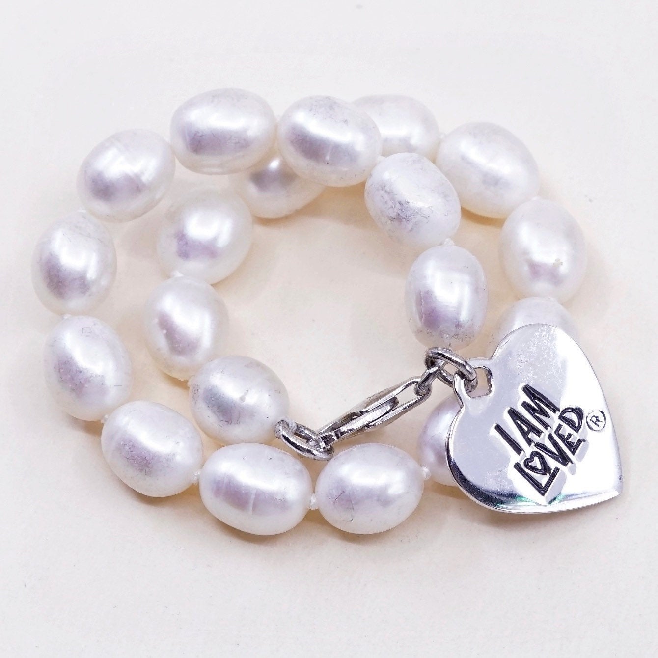 7”, vtg sterling silver bracelet, pearl beads with 925 heart charm “I am loved