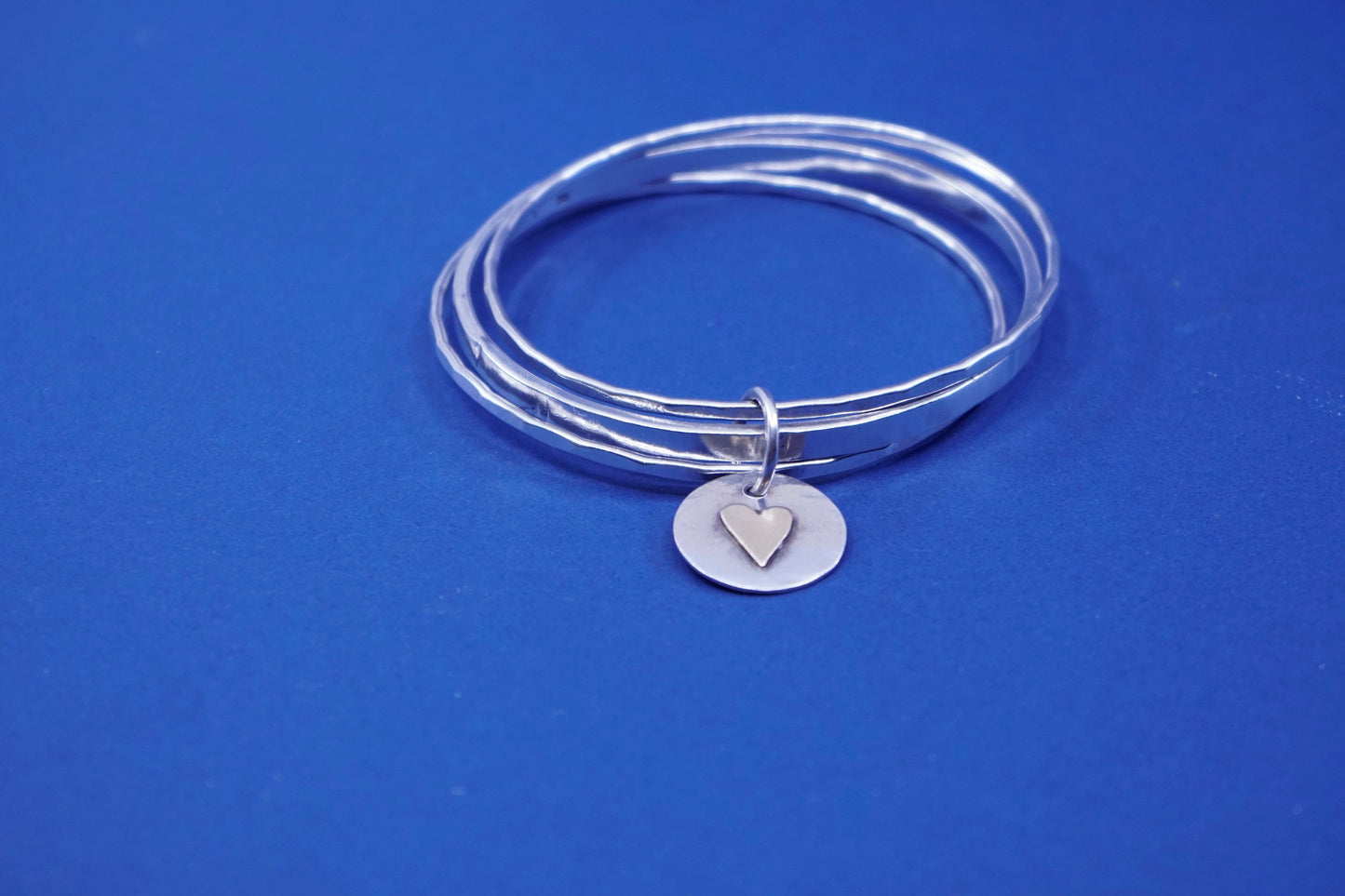 7.5”, CLP two tone sterling silver handmade bracelet, 925 bangle w/ heart charm