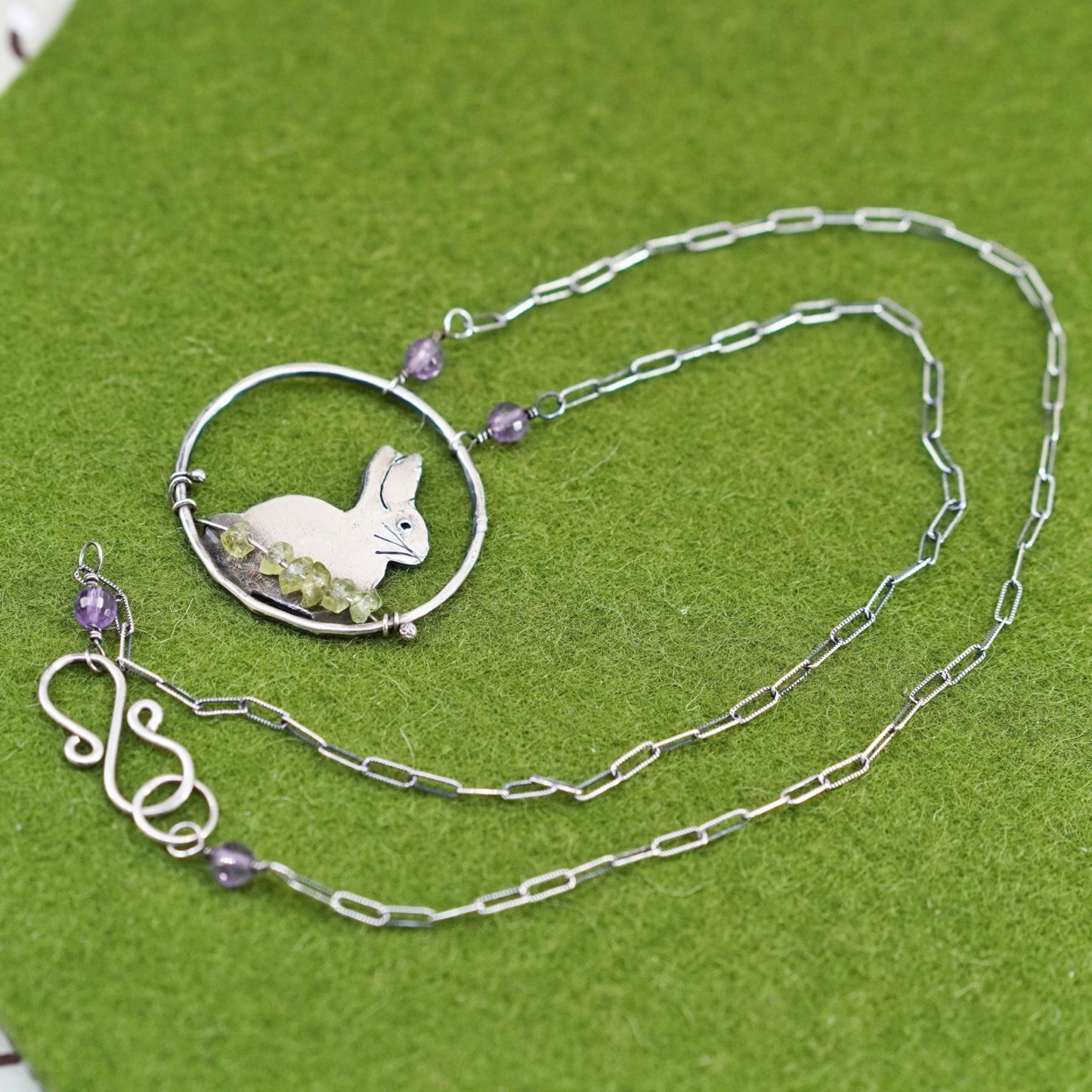 17” Sterling 925 silver necklace, elongated chain bunny rabbit pendant amethyst